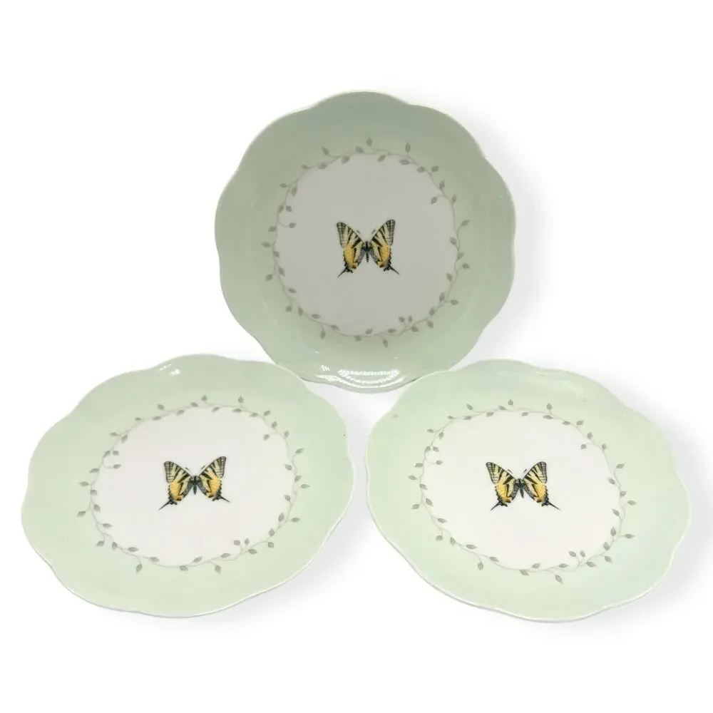 3 Lenox Butterfly Meadow Scallop Round Dessert Lunch Salad Plates Green‎ 8” Set